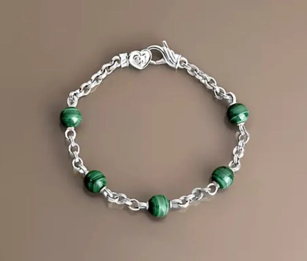 Christian James Gemstone Sterling Silver Bead  Rolo Bracelet, Malachite Small